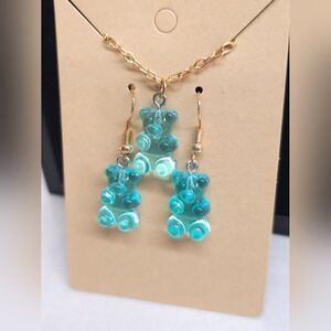 Gummy Bear Jewelry Set Blue Pendant Necklace & Earring Set Novelty Goldtone